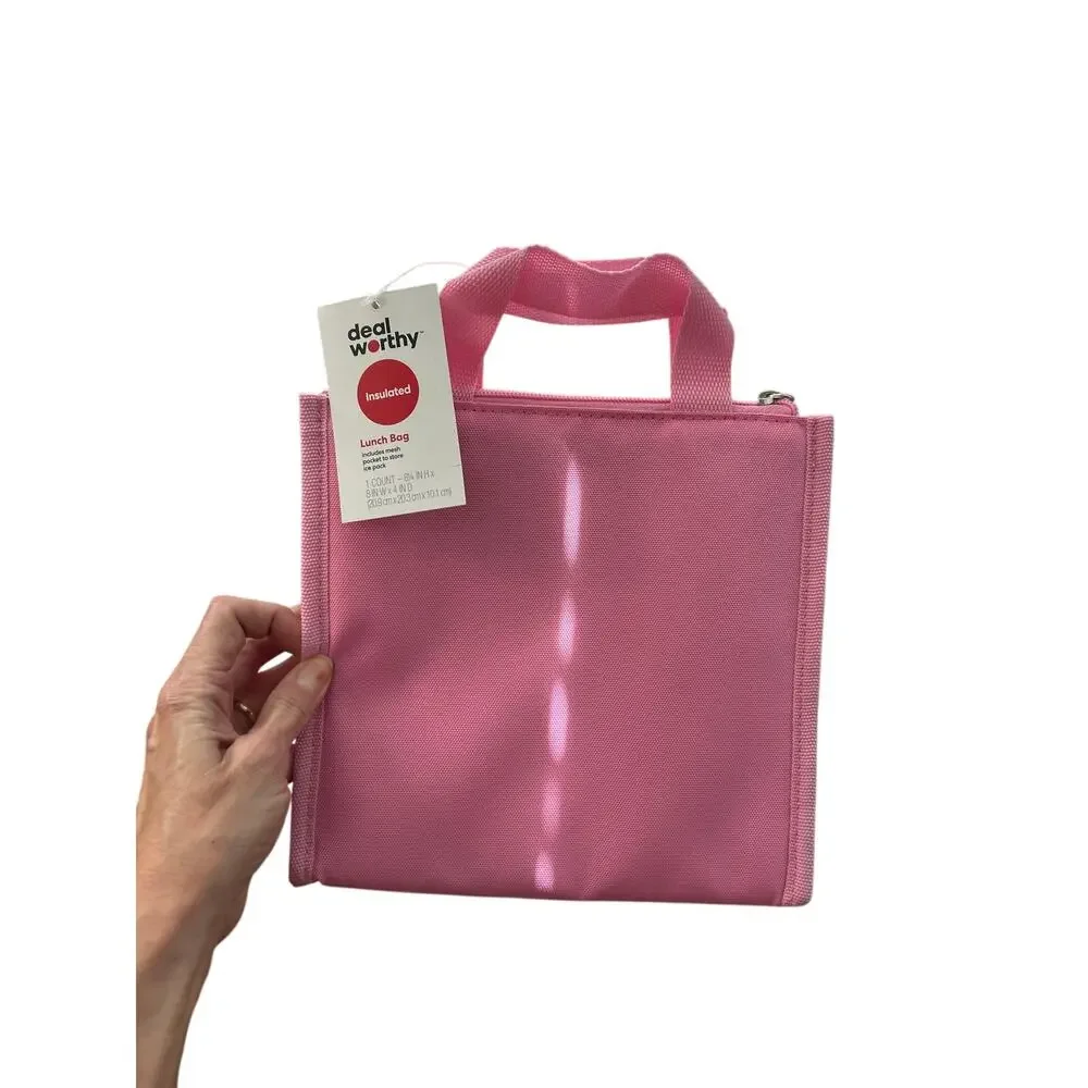 New Deal Worthy Insulated Lunch Bag Pink Zippered Top and Pocket size 8